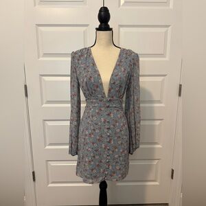 Nasty Gal Light Blue Floral Long Sleeve Mini Dress